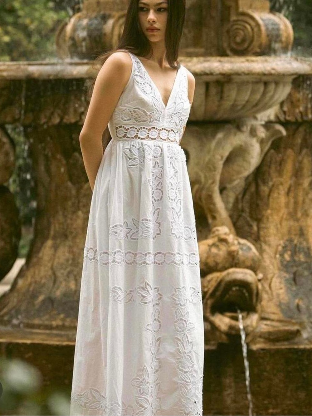 Vineet Bahl Sleeveless V-Neck Floral Cutwork Midi Dress